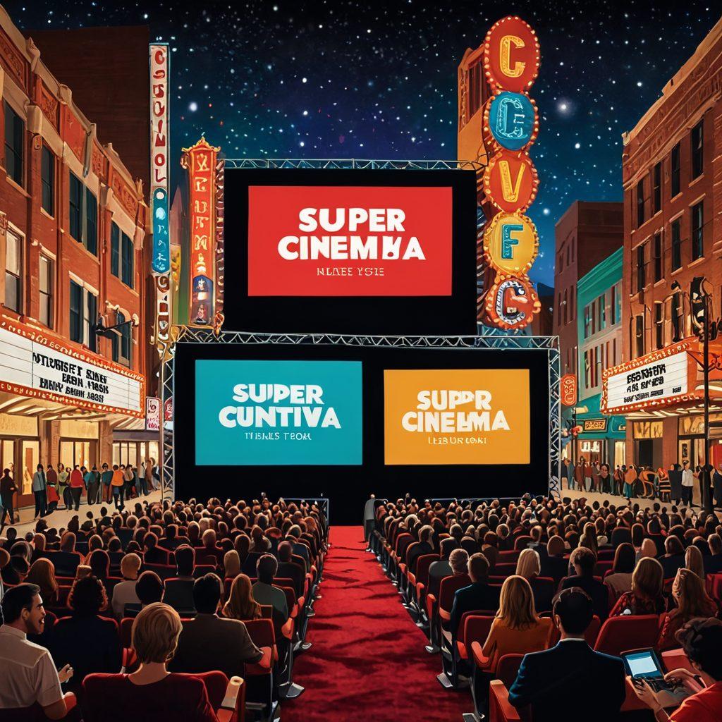 A vibrant collage of iconic film festival scenes, featuring a diverse audience experiencing a movie screening under sparkling city lights. Include elements like a vintage film reel, a red carpet, and colorful posters of famous films in the background. The atmosphere should convey excitement and celebration, emphasizing the artistic vibe of cinema. super-realistic. vibrant colors. cinematic style.