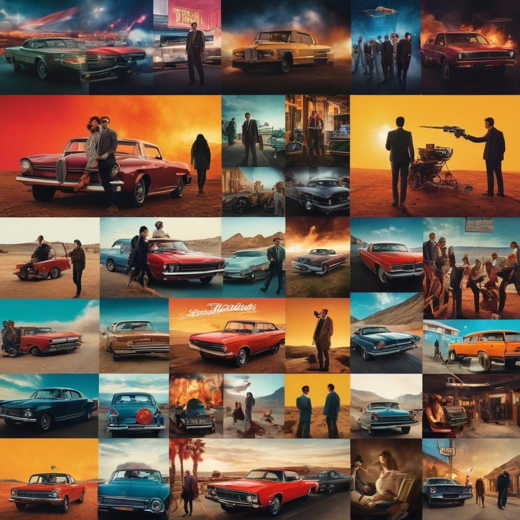 A vibrant collage showcasing the contrast between independent films and blockbuster hits. On one side, an intimate indie film set with a small crew and authentic storytelling elements; on the other, a grand blockbuster scene with explosive action and dramatic visuals. Use rich colors to highlight the passion of indie cinema versus the flashy spectacle of blockbusters. Include iconic film elements like cameras, film reels, and director chairs. super-realistic. vibrant colors. dynamic composition.
