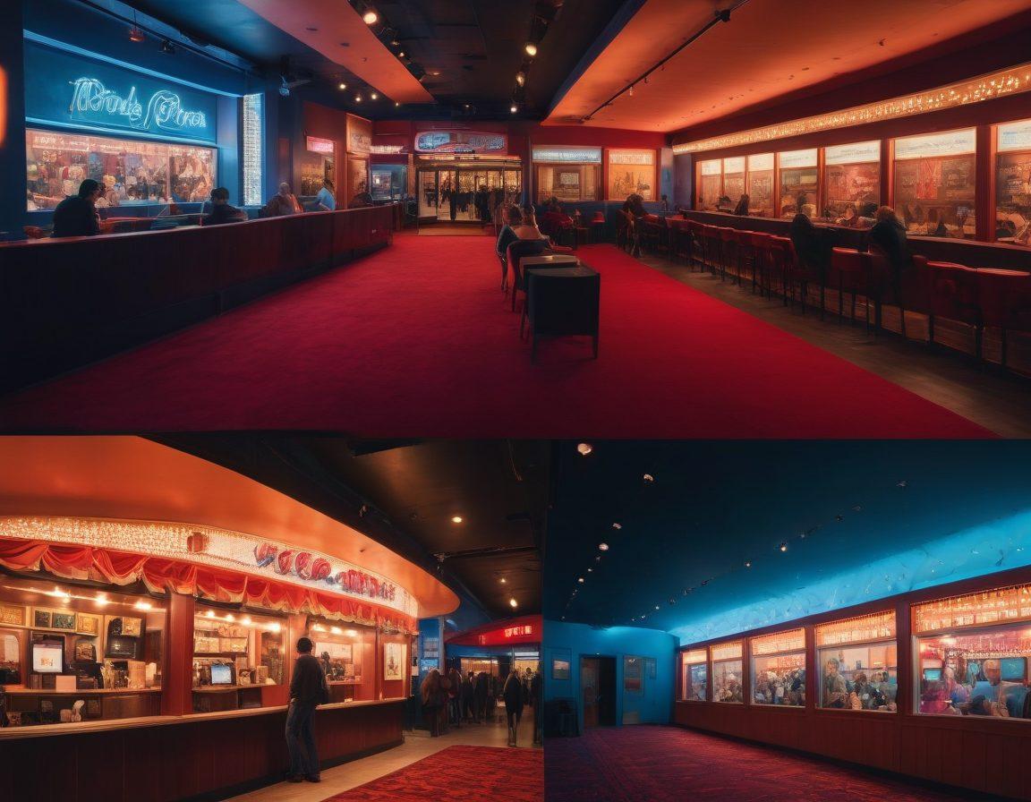 A dynamic split-screen image showcasing a glamorous box office cinema on one side with crowds and bright lights, and on the other side, a cozy indie film set with warm lighting and intimate atmosphere. Incorporate a contrasting color palette to highlight the differences in ambience. Include film reels and popcorn scattered around to symbolize the film industry. modern illustration. vibrant colors.